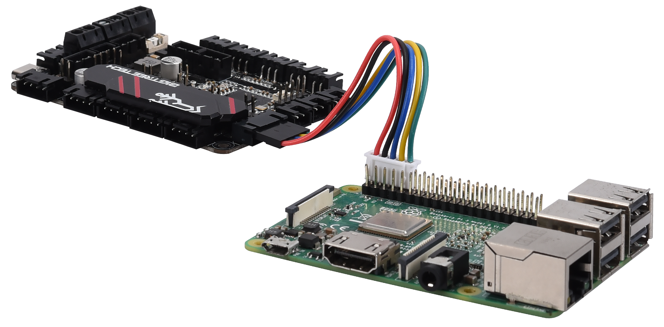 Real photo — SKR Pico wired to a Raspberry Pi with the 5-wire UART cable