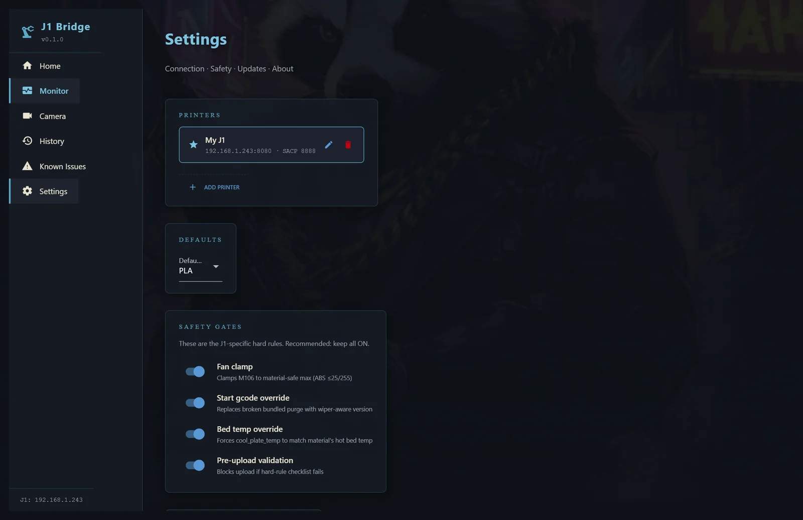 J1 Bridge Settings tab showing safety gates and printer profile